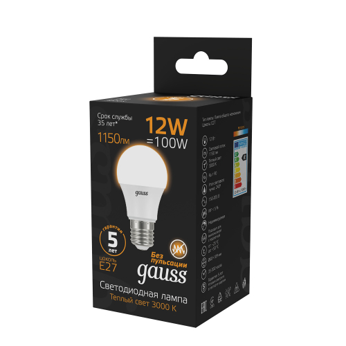 102502112 Лампа Gauss LED A60 globe 12W E27 2700K 1/10/40, шт