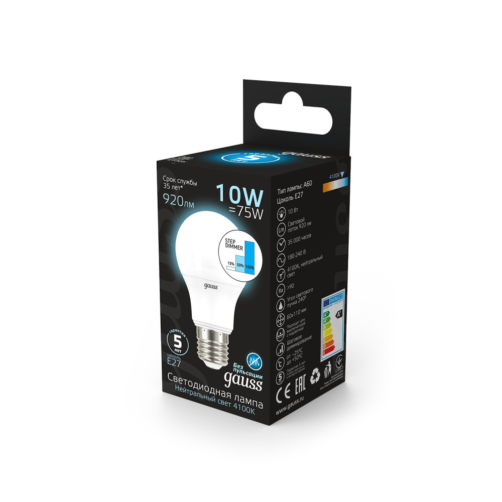 102502210-S Лампа Gauss LED A60 10W E27 920lm 4100K step dimmable 1/10/50 102502210-S Лампа Gauss LED A60 10W E27 920lm 4100K step dimmable 1/10/50
