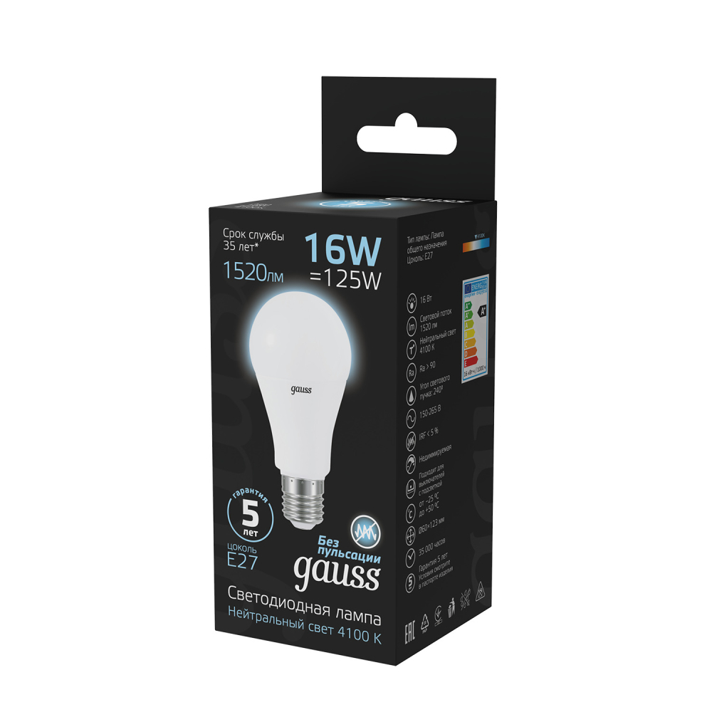102502216 Лампа Gauss LED A60 E27 16W 4100К 1/10/50, шт 102502216 Лампа Gauss LED A60 E27 16W 4100К 1/10/50, шт