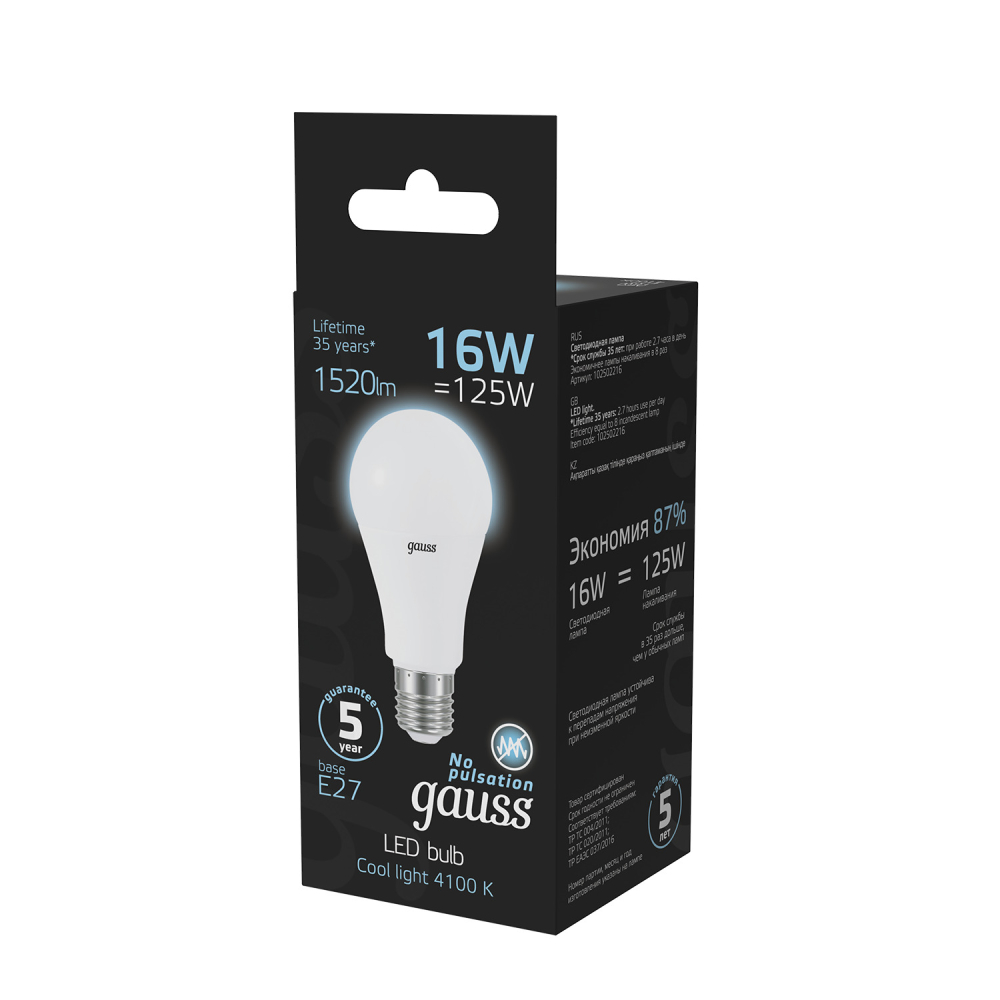 102502216 Лампа Gauss LED A60 E27 16W 4100К 1/10/50, шт 102502216 Лампа Gauss LED A60 E27 16W 4100К 1/10/50, шт