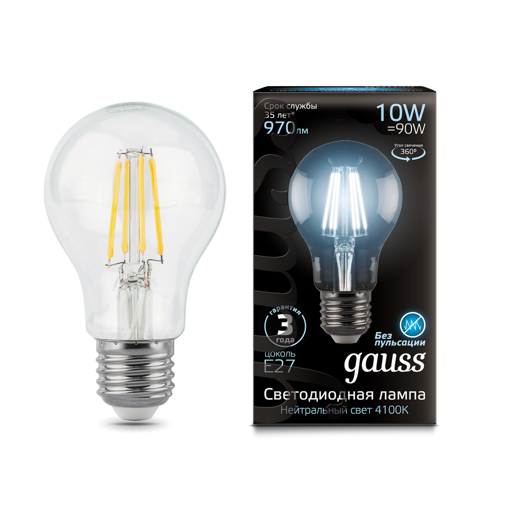 102802210 Лампа Gauss LED Filament A60 E27 10W 4100K 1/10/40, шт