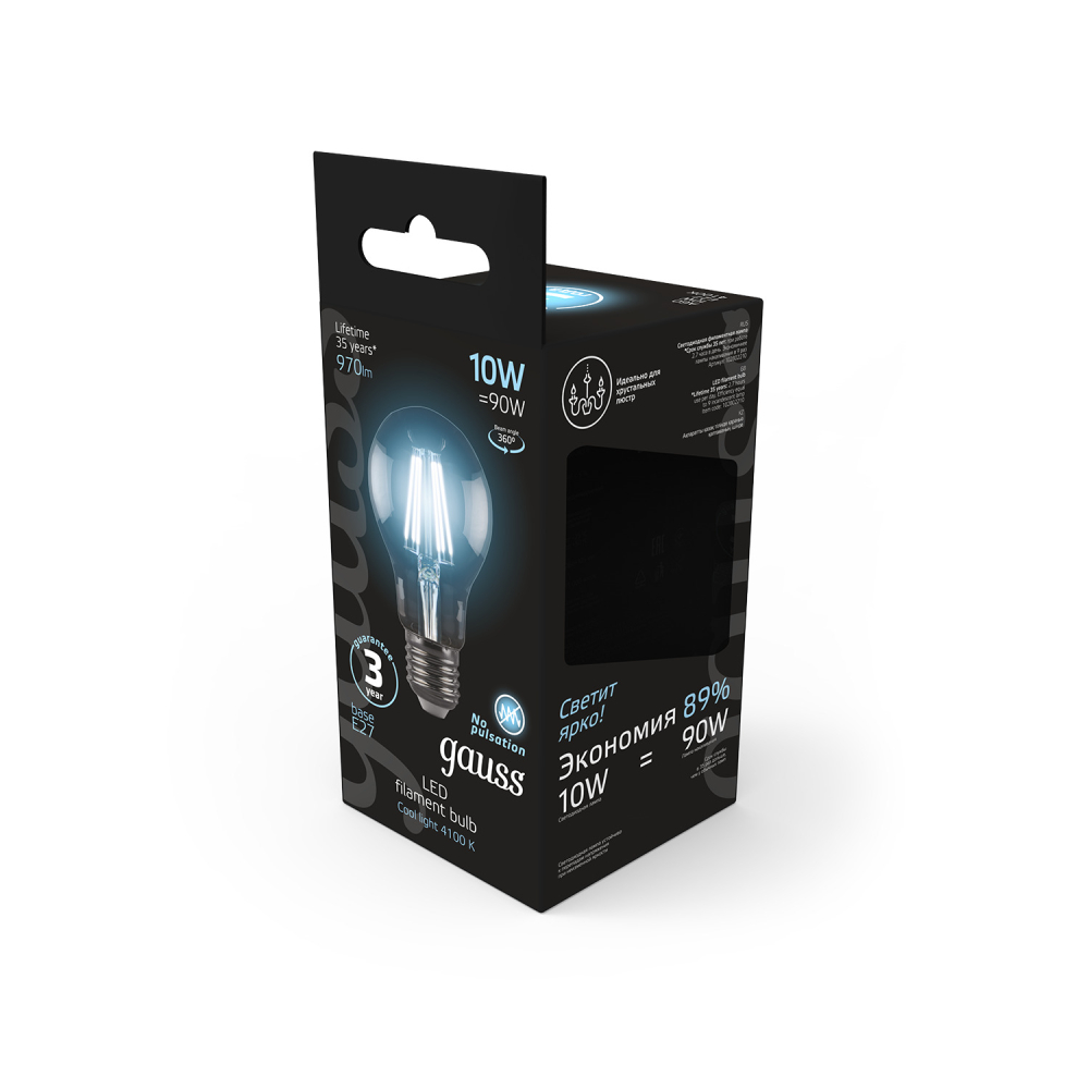102802210 Лампа Gauss LED Filament A60 E27 10W 4100K 1/10/40, шт