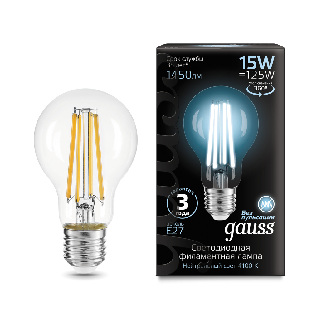 102902215 Лампа Gauss Filament А60 15W 1450lm 4100К Е27 LED 1/10/40 102902215 Лампа Gauss Filament А60 15W 1450lm 4100К Е27 LED 1/10/40