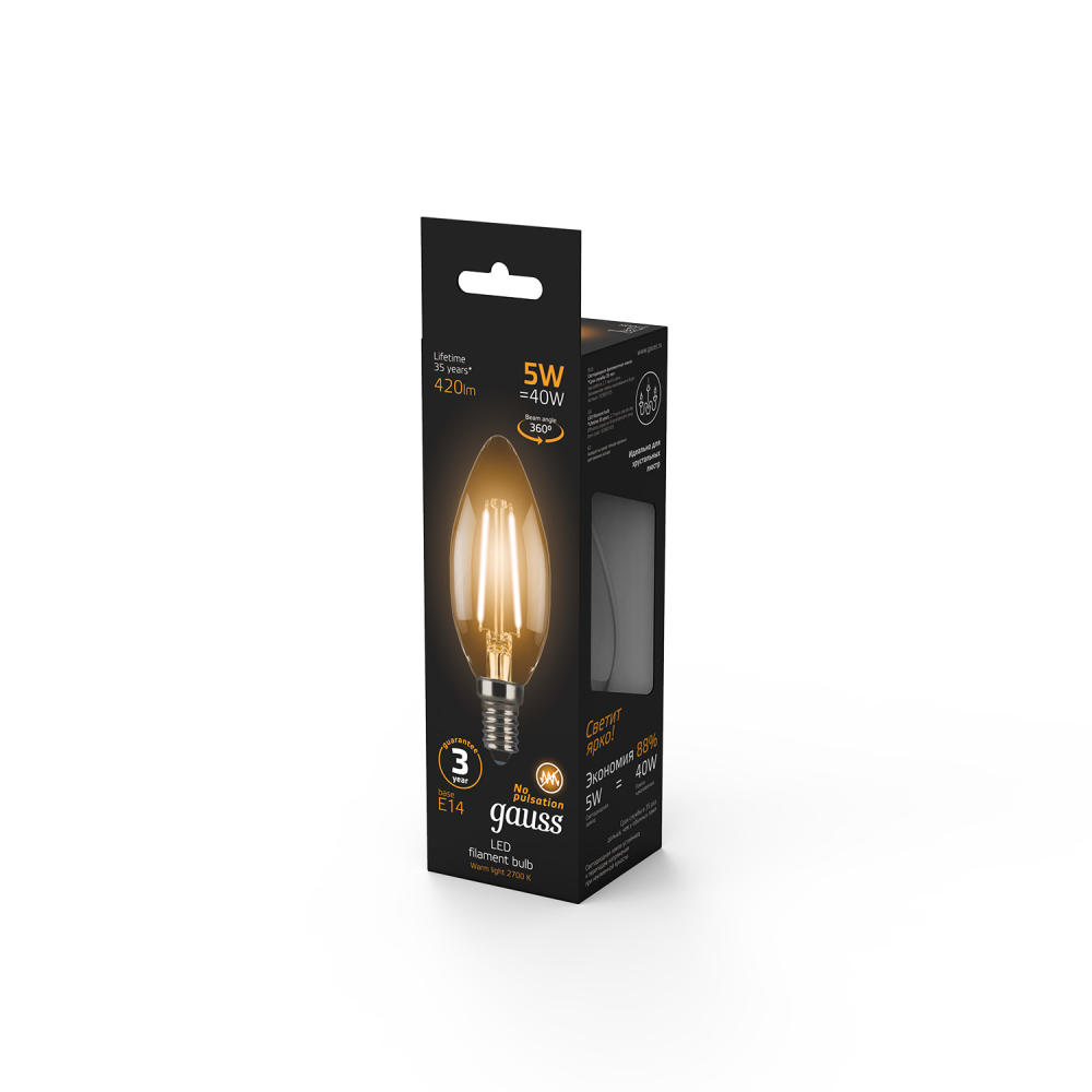 103801105 Лампа Gauss LED Filament Candle E14 5W 2700K 1/10/50, шт 103801105 Лампа Gauss LED Filament Candle E14 5W 2700K 1/10/50, шт