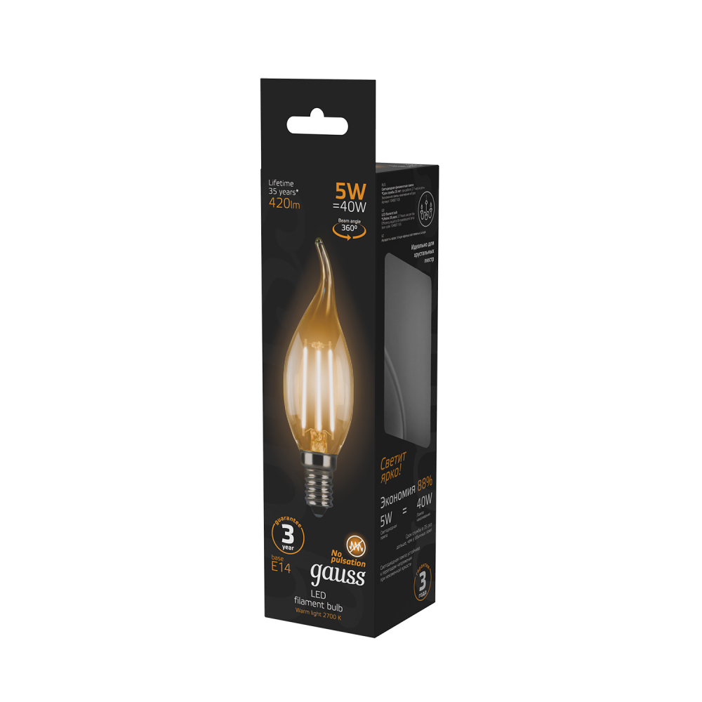 104801105 Лампа Gauss LED Filament Candle Tailed E14 5W 2700K 1/10/50