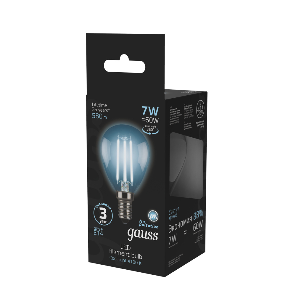105801207 Лампа Gauss LED Filament Globe E14 7W 4100К 1/10/50, шт 105801207 Лампа Gauss LED Filament Globe E14 7W 4100К 1/10/50, шт