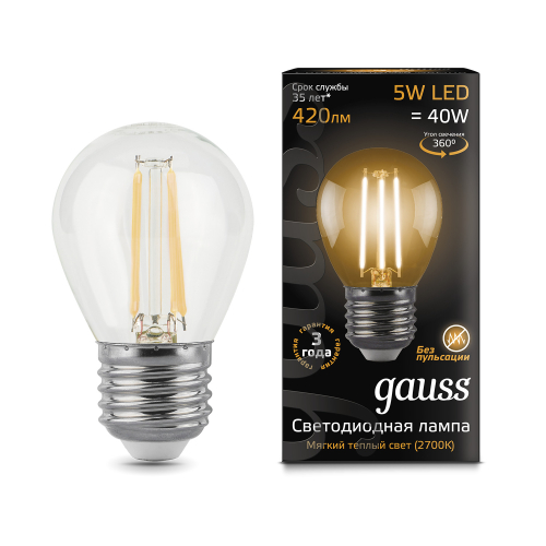 105802105 Лампа Gauss LED Filament Globe E27 5W 2700K 1/10/50, шт