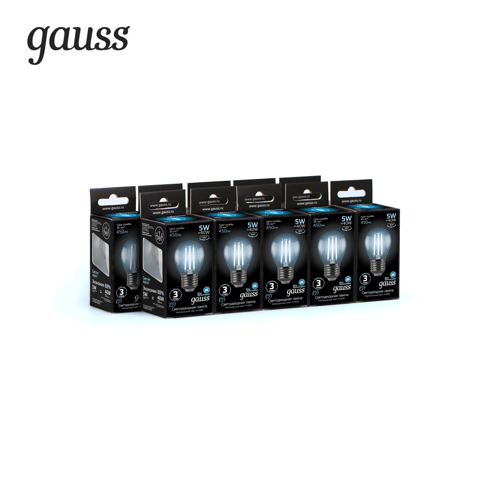 105802205 Лампа Gauss LED Filament Globe E27 5W 4100K 1/10/50, шт 105802205 Лампа Gauss LED Filament Globe E27 5W 4100K 1/10/50, шт