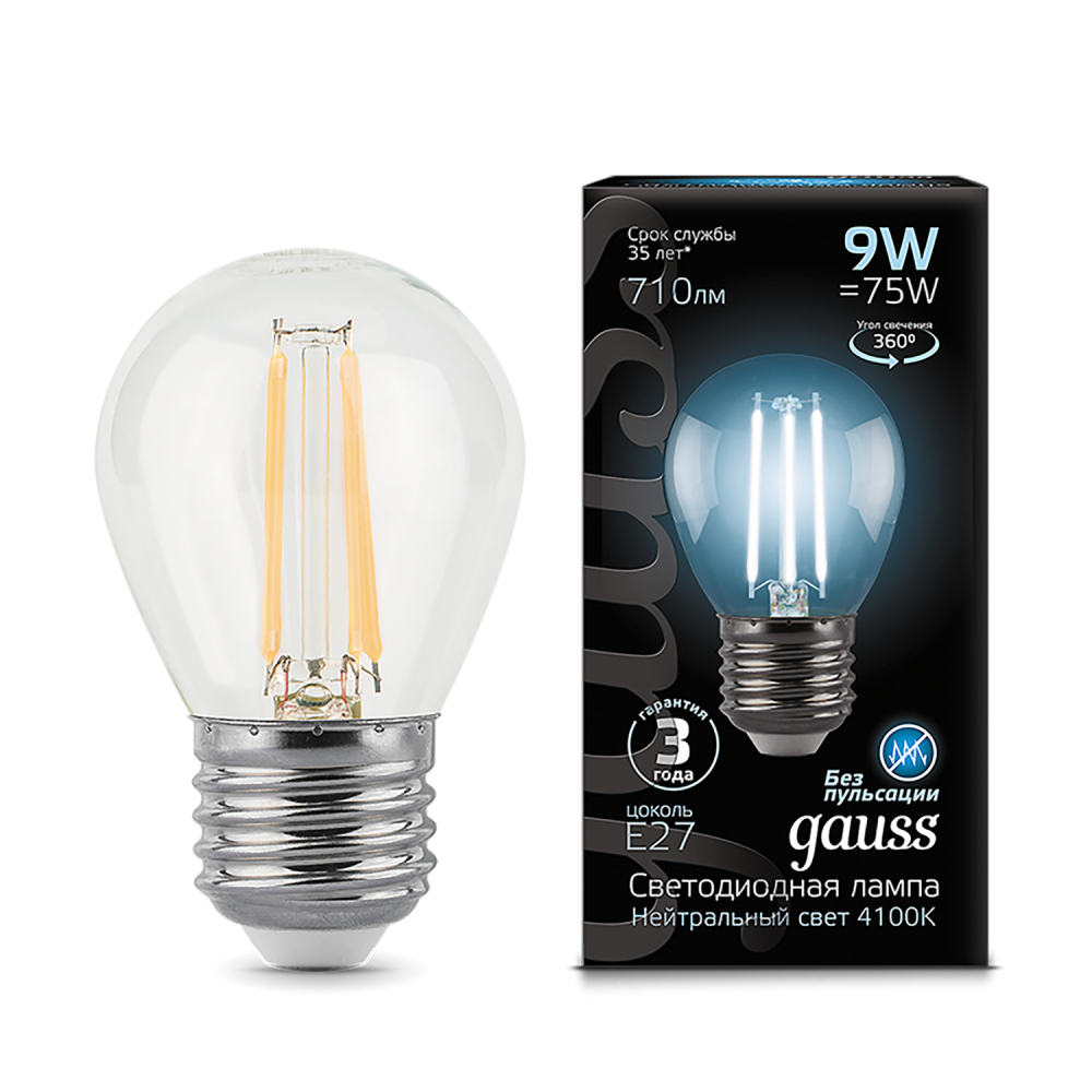 105802209 Лампа Gauss LED Filament Globe E27 9W 710Lm 4100К 1/10/50, шт 105802209 Лампа Gauss LED Filament Globe E27 9W 710Lm 4100К 1/10/50, шт