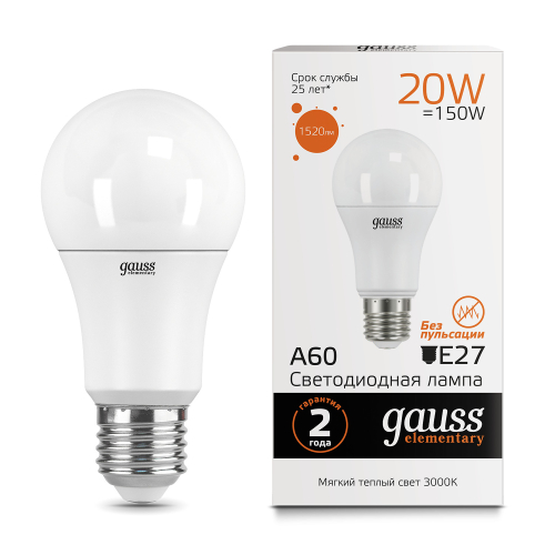 23219 Лампа Gauss LED Elementary A60 20W E27 2700K 1/10/40