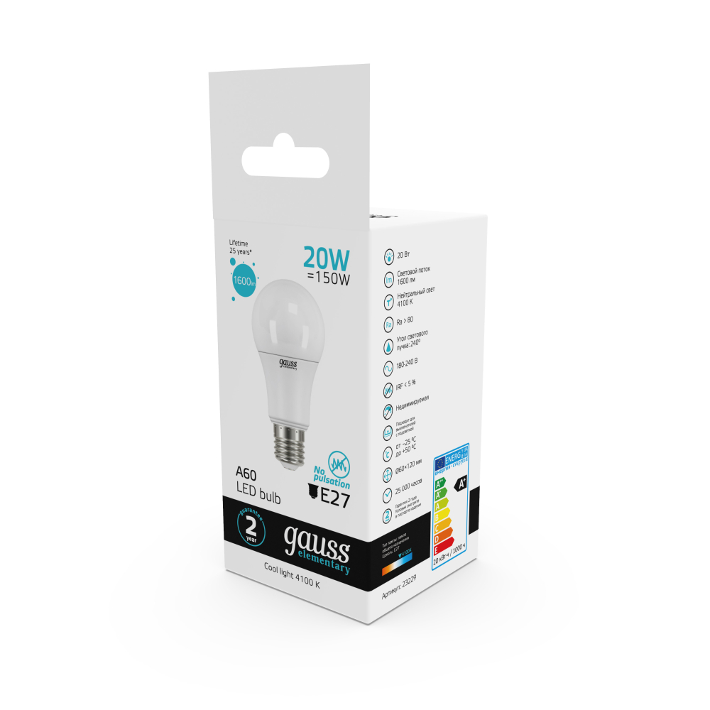 23229 Лампа Gauss LED Elementary A60 12W E27 4100K 1/10/50 23229 Лампа Gauss LED Elementary A60 12W E27 4100K 1/10/50