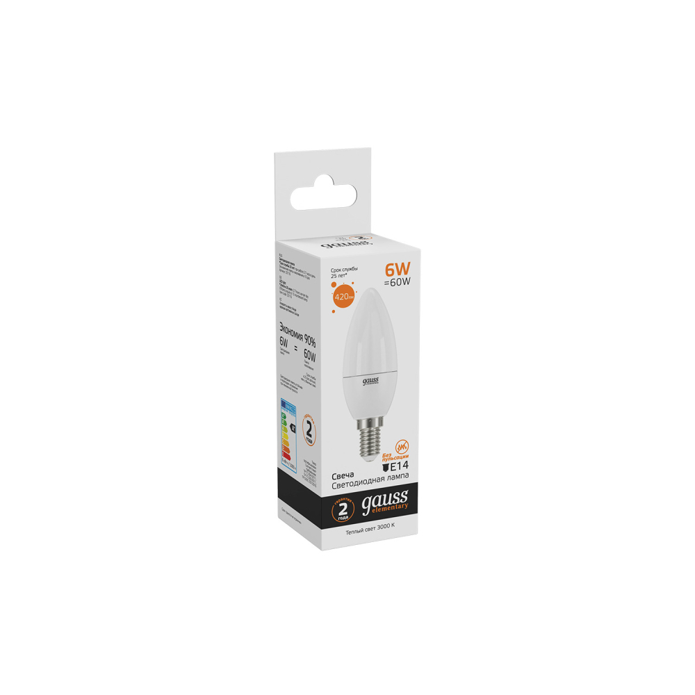 33116 Лампа Gauss LED Elementary Candle 6W E14 2700K 1/10/50 33116 Лампа Gauss LED Elementary Candle 6W E14 2700K 1/10/50