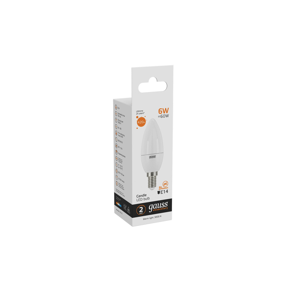 33116 Лампа Gauss LED Elementary Candle 6W E14 2700K 1/10/50 33116 Лампа Gauss LED Elementary Candle 6W E14 2700K 1/10/50